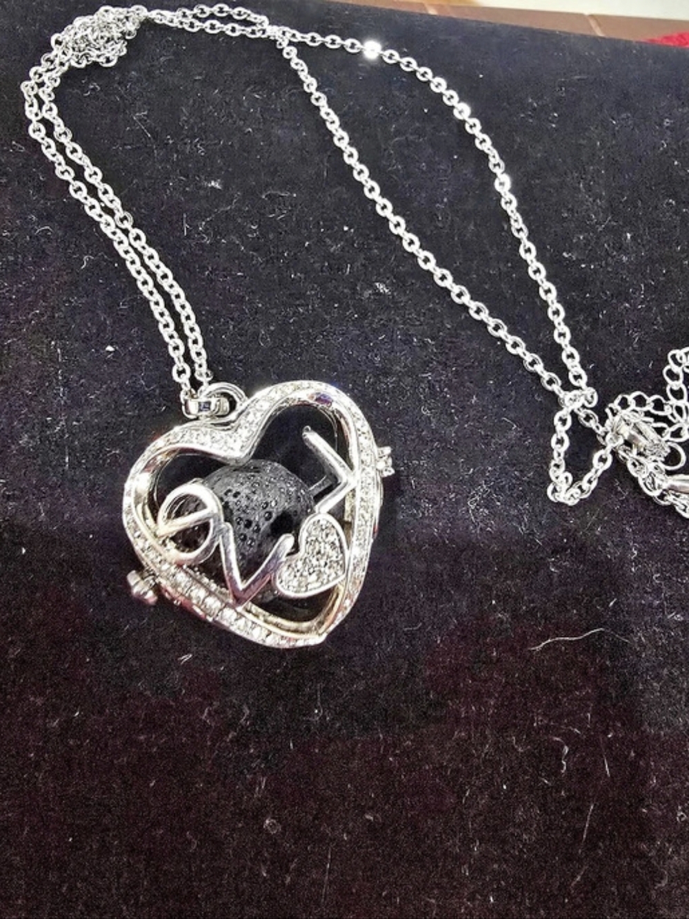 Essential Oil Heart Locket Necklace in Silver & Black